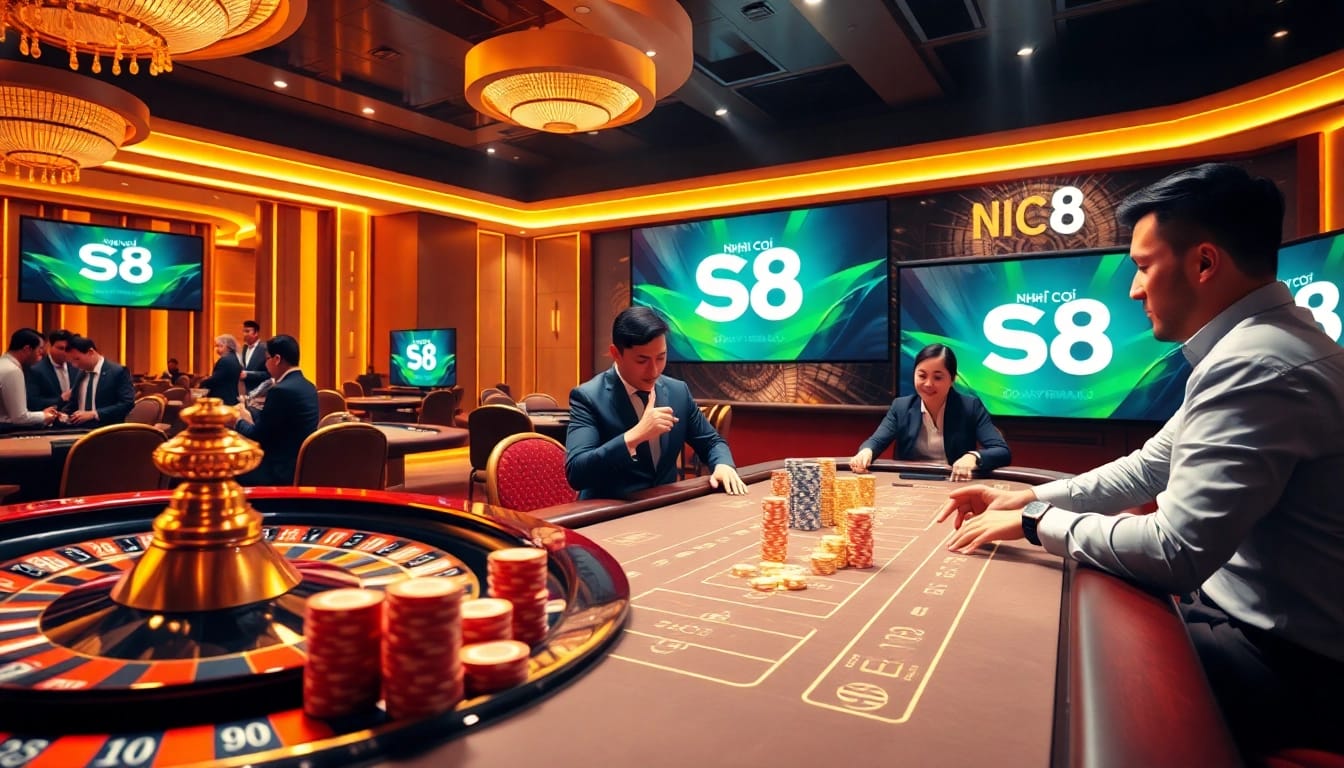 Experience the thrill of NHÀ CÁI S8 with vibrant online gambling visuals showcasing luxurious games and excitement.
