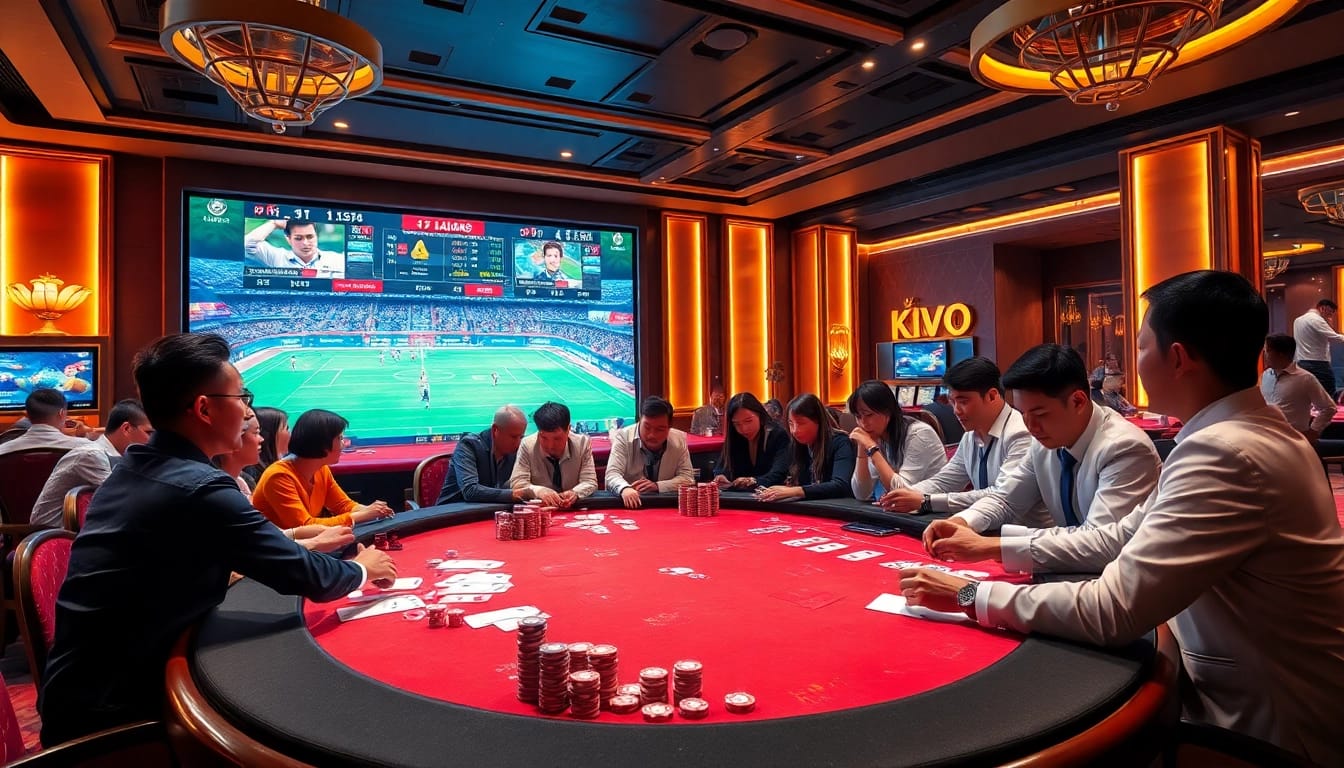 Kèo Bóng Đá betting scene with diverse people strategizing at a casino table.