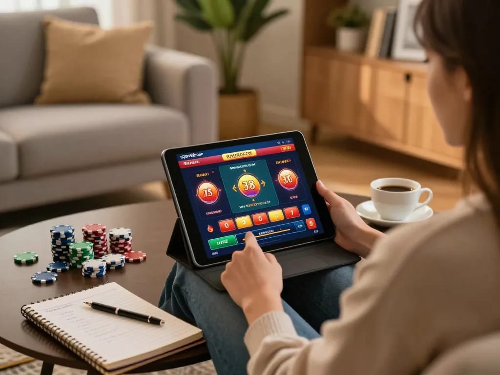 Engaging in online gaming at open88 com on a tablet in a cozy living room setting, promoting responsible gambling.