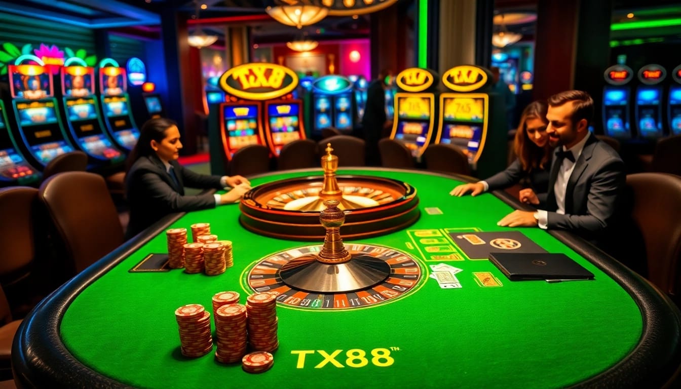 Players enjoy intense moments at the TX88 poker table with vibrant chips and cards.