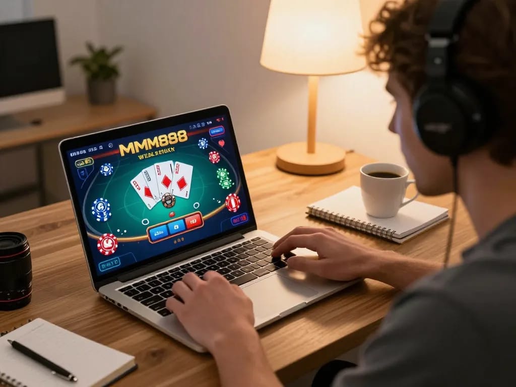 Player engaging with MM88 online casino interface on laptop in cozy home setup.