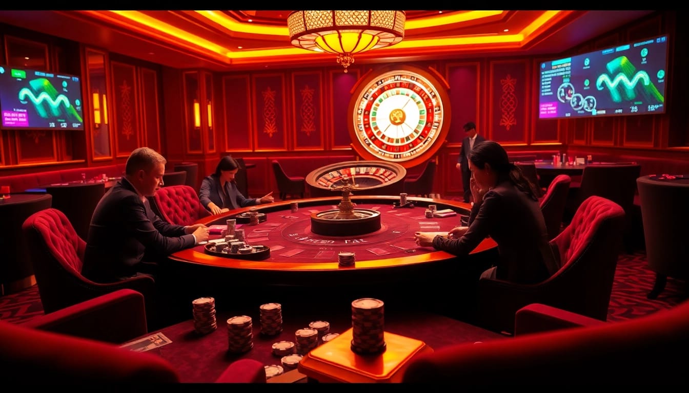 Experience high-stakes thrills at tg88's luxurious poker table amidst vibrant gaming ambiance.