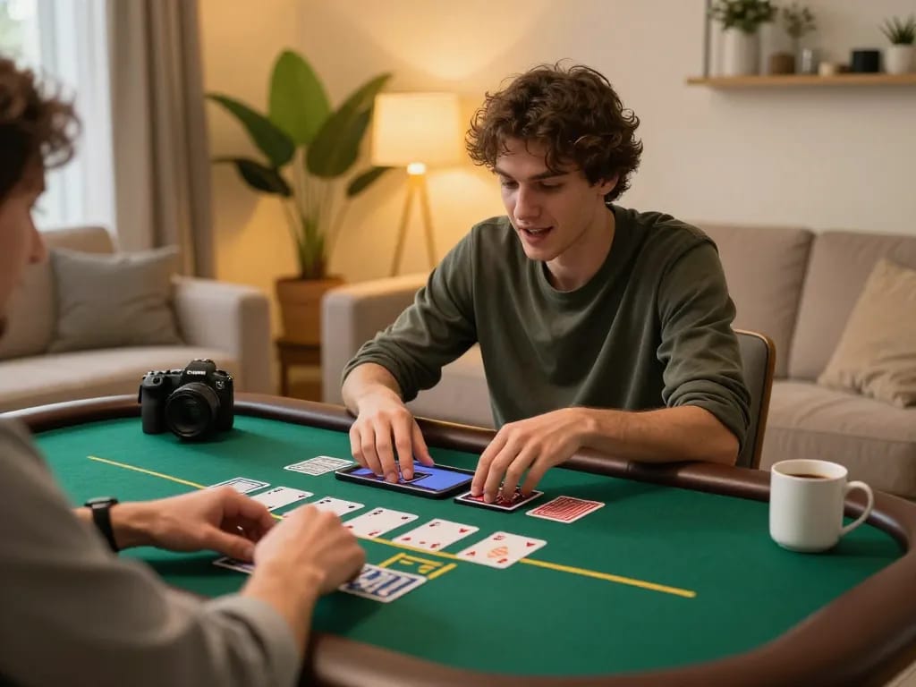 Player enjoying blackjack on mn88 tablet in a warm home environment, showcasing online gambling excitement.