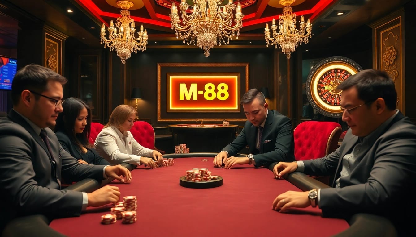 Intense poker action at a high-stakes table in a luxurious casino featuring MM88 branding.