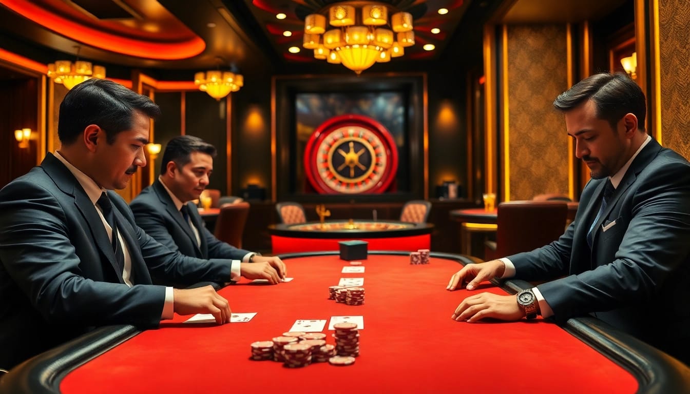Engaged players at an RR88 high-stakes poker table, chips and cards in action.