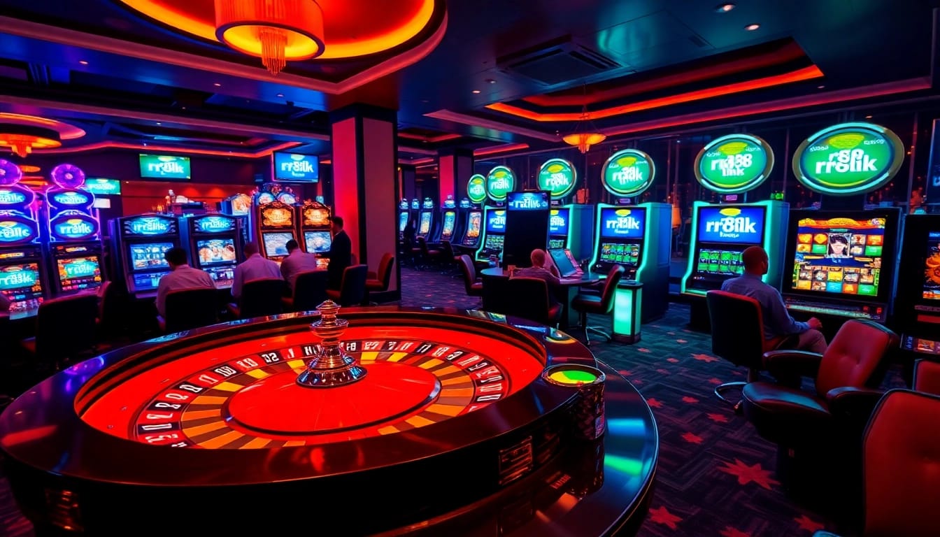 Players enjoy the thrill of the rr88 link at a vibrant casino featuring roulette, poker, and slot machines.