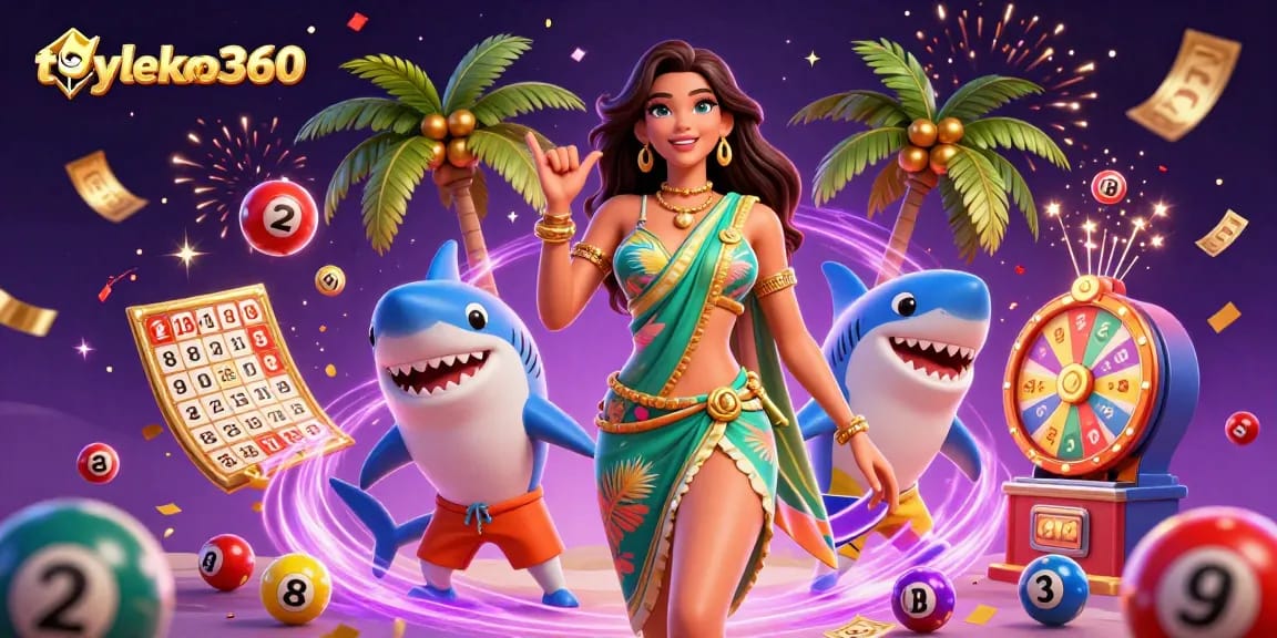 Experience the excitement of tylekeo360 with a colorful scene full of lottery elements and characters celebrating.