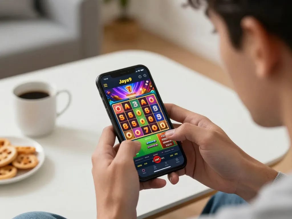 Engaged player enjoying Jaya9 Official casino app on smartphone, displaying exciting slot game.