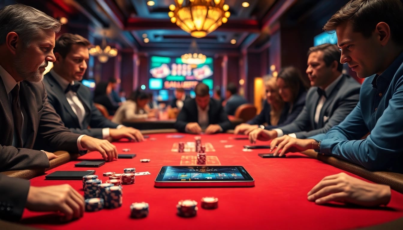 7m online gambling interface showcasing a thrilling poker game in a luxurious casino.