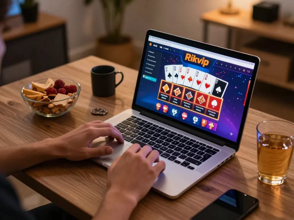 Experience online gaming excitement with Rikvip at a cozy home setup highlighting strategic gameplay.