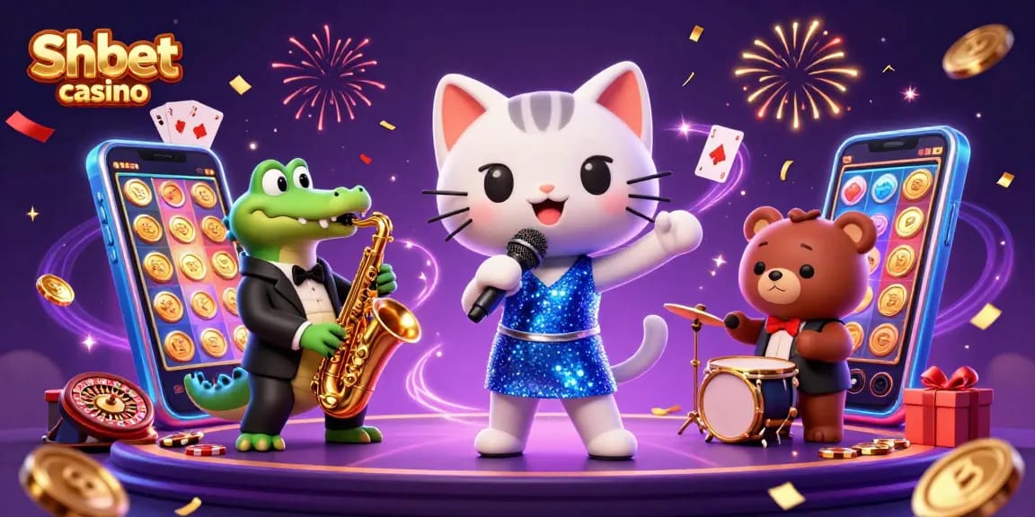 Join the fun at Shbet casino with a lively 3D jazz performance featuring cartoon characters and gambling elements.