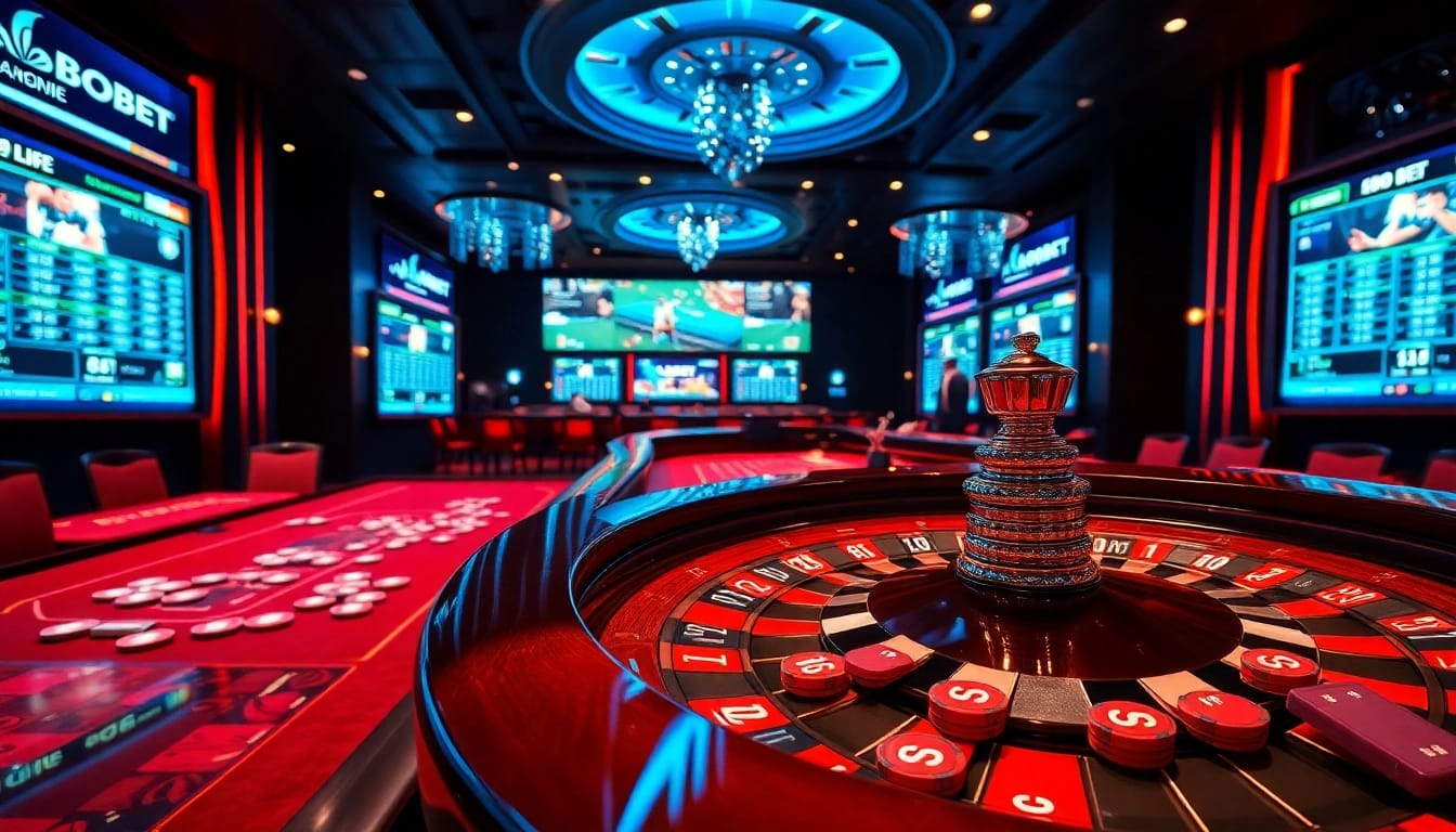 SBOBET players enjoying a thrilling experience at a luxurious online casino, capturing the excitement of betting.