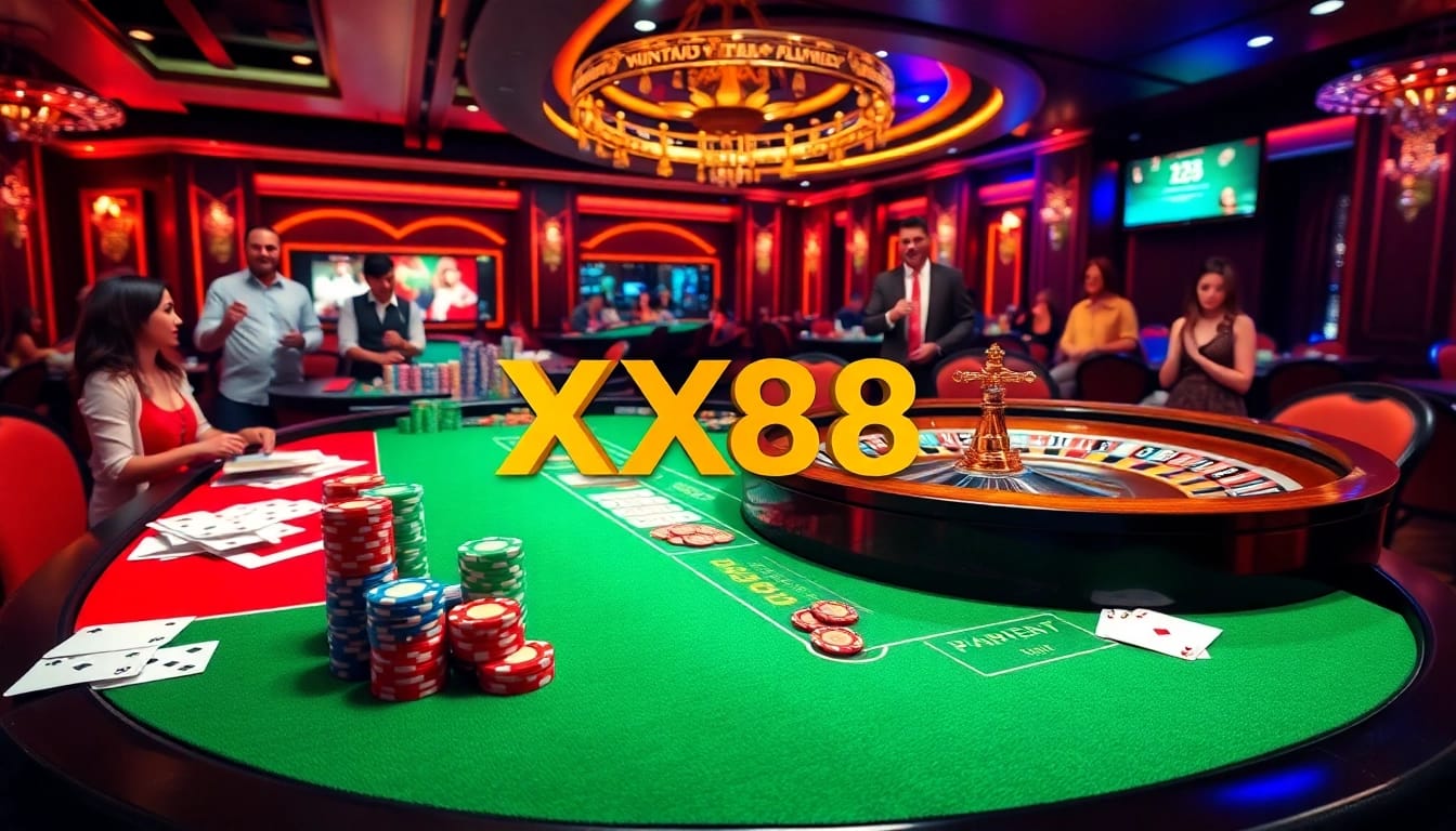 A vibrant casino scene showcasing Nhà Cái X88 with poker chips and roulette wheel in action.