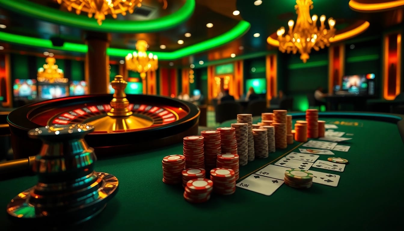 Exciting scene of online gambling at https://kk55.gratis/ showcasing roulette and poker, offering thrilling gameplay.