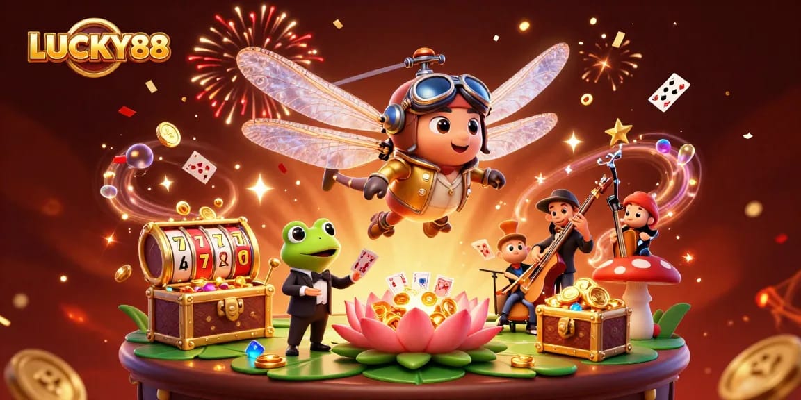LUCKY88 showcases a vibrant casino scene with a dragonfly pilot and frog croupier in action.