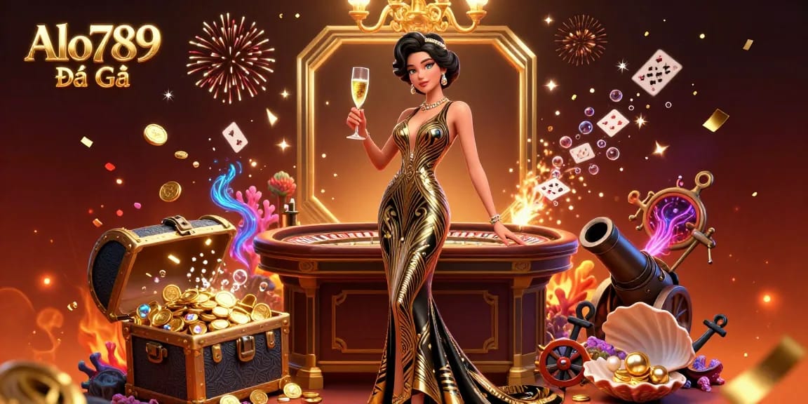 Alo789 Đá Gà showcases a glamorous scene with an elegant woman, casino elements and dynamic gambling visuals.