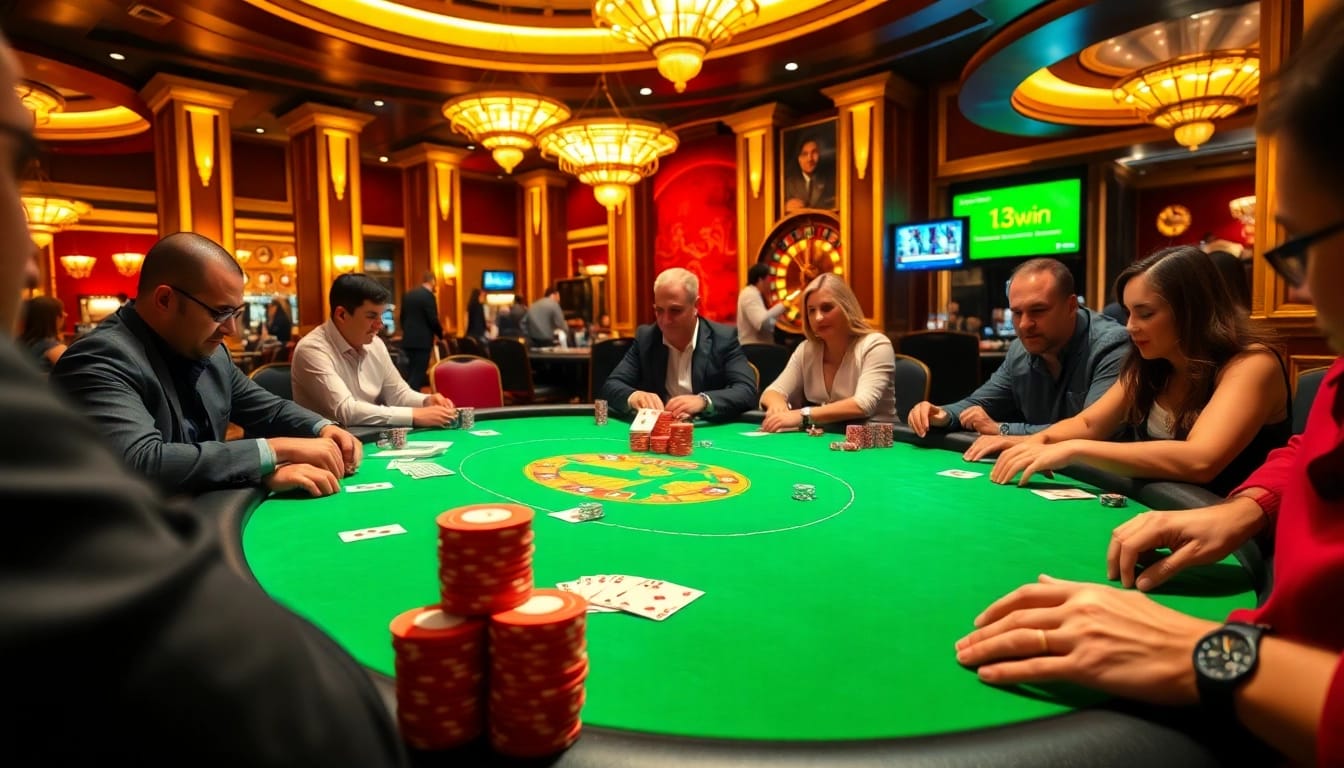 Experience thrilling gameplay at link 13win's luxury casino tables with poker chips and cards.