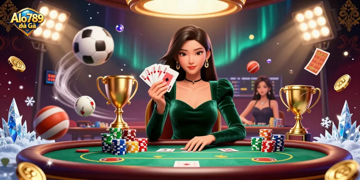 Experience thrilling Alo789 Đá Gà action with a captivating Asian woman at a poker table surrounded by dynamic game elements.