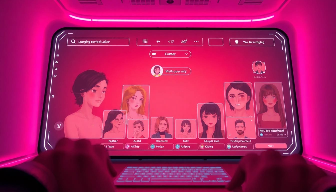 Interactive NSFW AI chat interface showcasing customizable characters in a futuristic design.