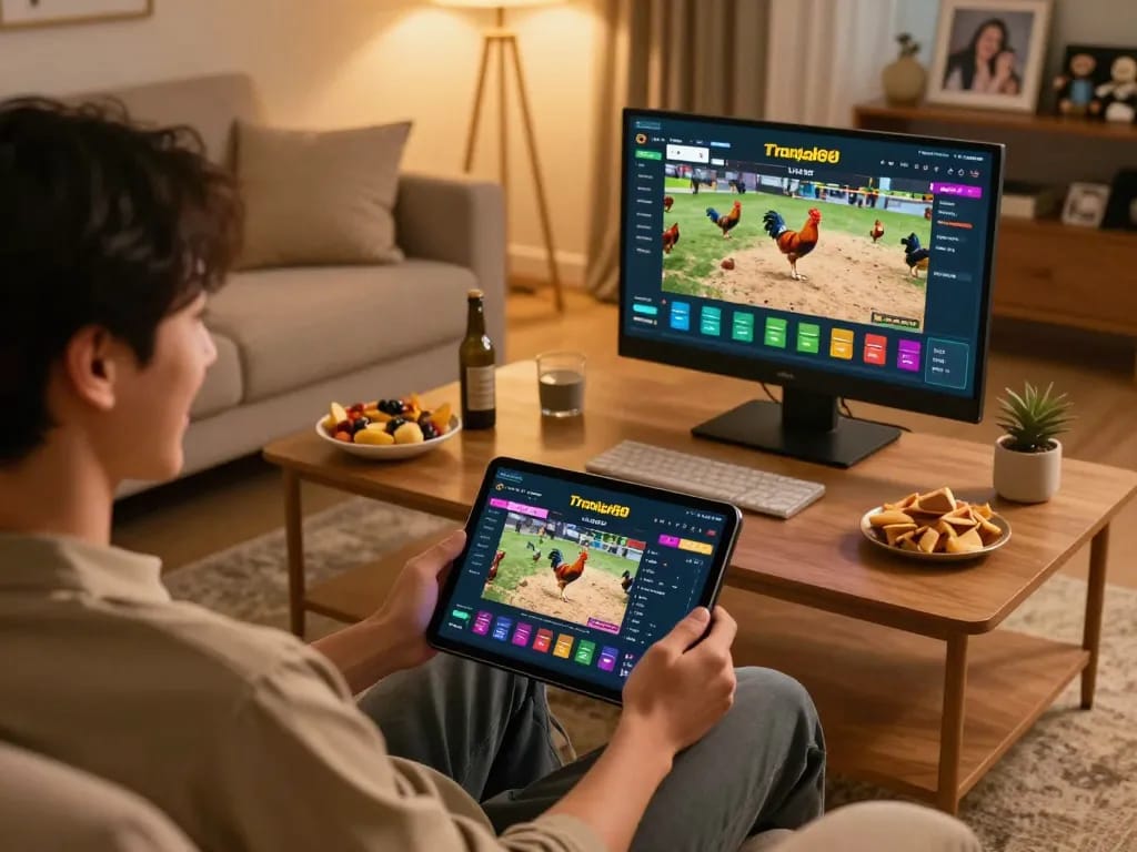Engaging player experiencing Trang chủ wala88 on tablet, showcasing online rooster fighting bets in a cozy home setting.