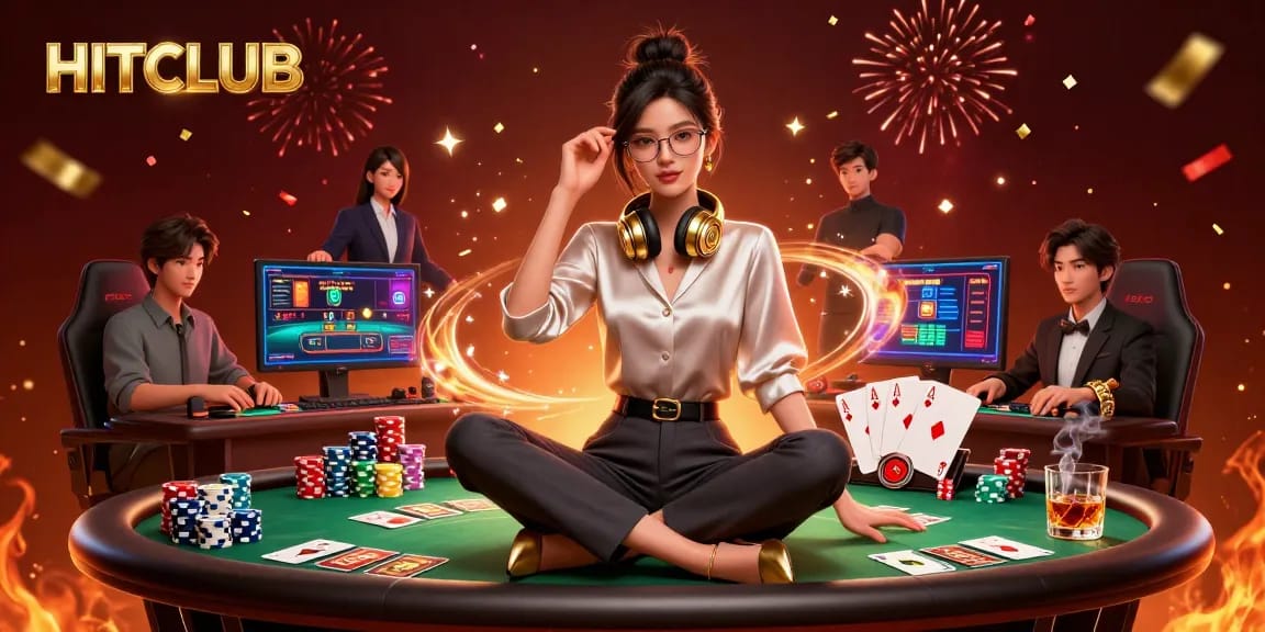 Engage with HITCLUB's thrilling live casino experience featuring an Asian woman at a digital gaming setup.
