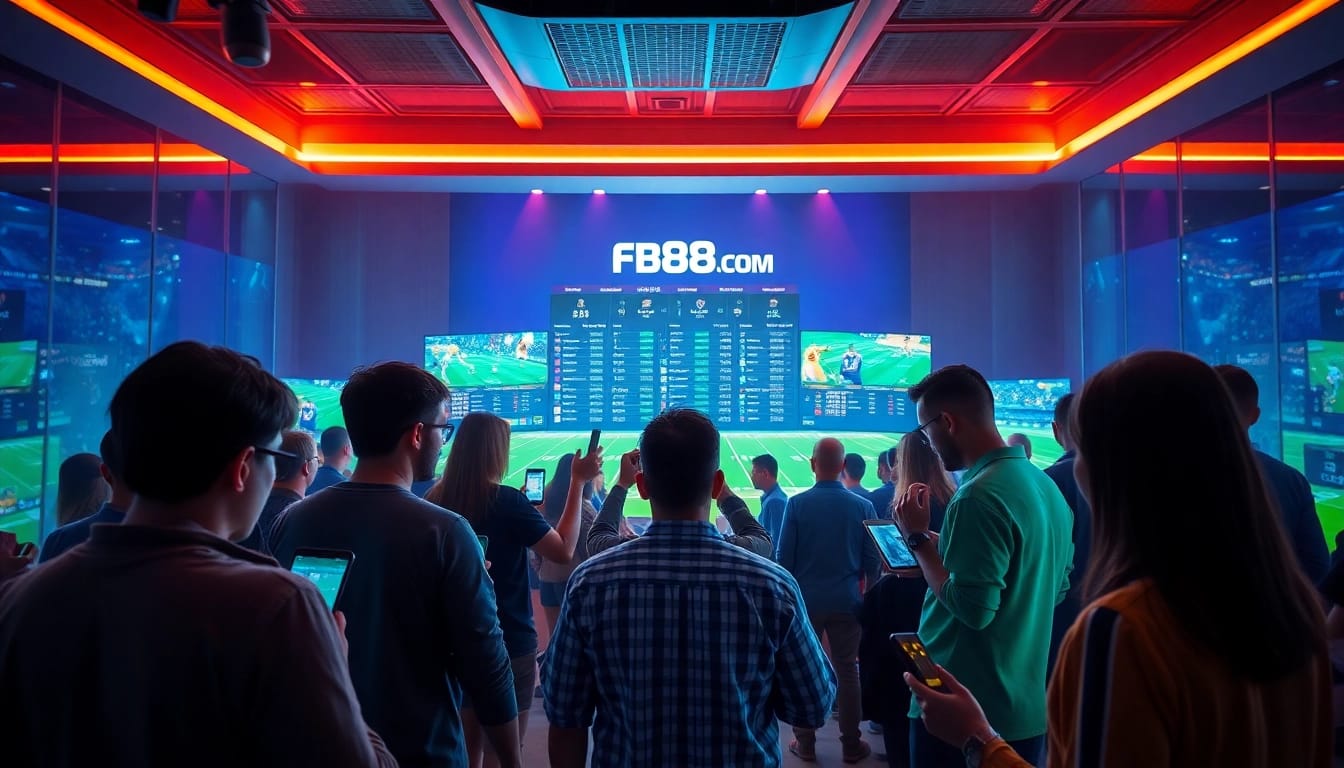 Bettors engaging with devices in a lively environment at fb88.com, showcasing online sports betting excitement.
