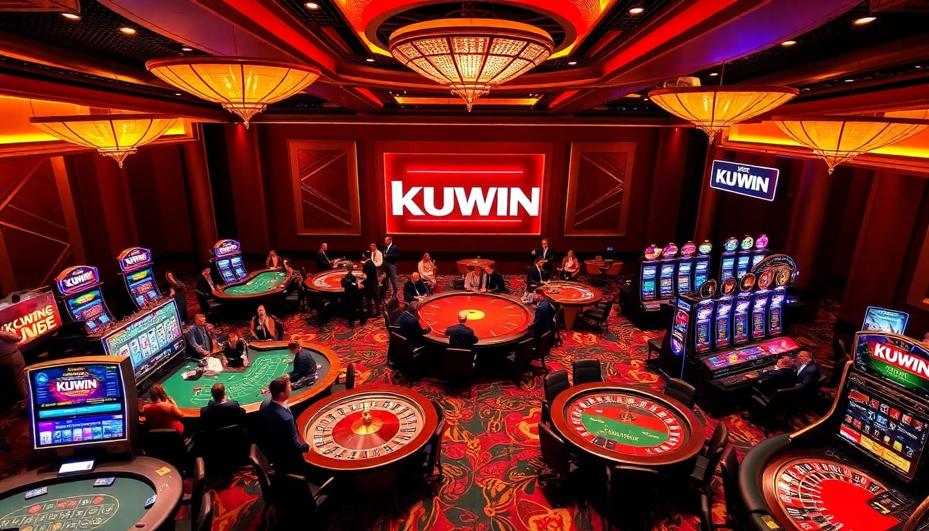 Kuwin casino scene featuring exciting poker and roulette action in a luxurious setting.