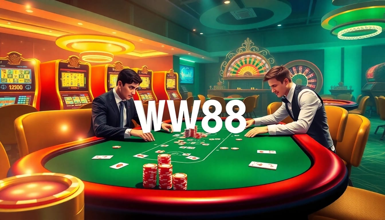 Exciting casino scene showcasing WW88 poker action with vibrant colors and luxurious atmosphere.