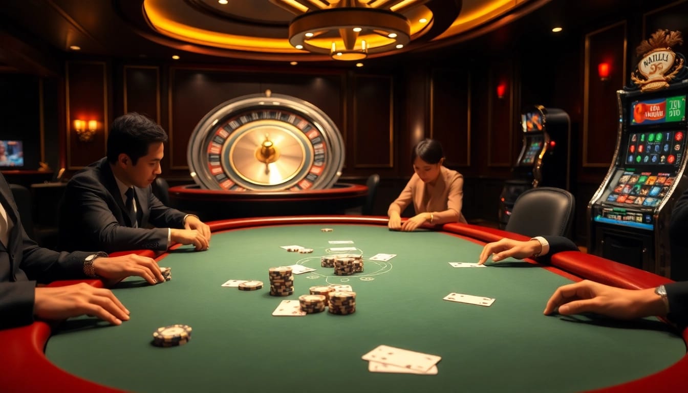 Players engaging in high-stakes poker at an opulent ok8386 casino table with vibrant chips and cards.