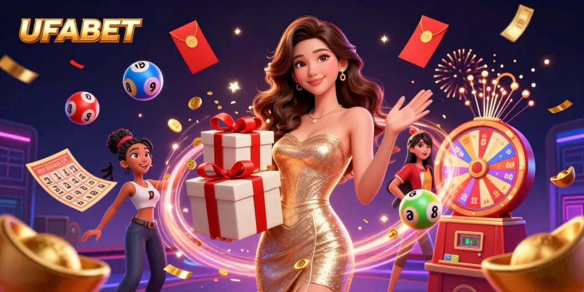 Experience UFABET's exciting gaming scene with vibrant casino elements and engaging characters.