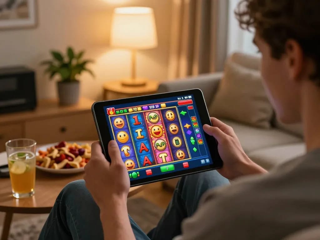 Engaged player enjoying Slot Malaysia on a tablet during a cozy home gaming session.