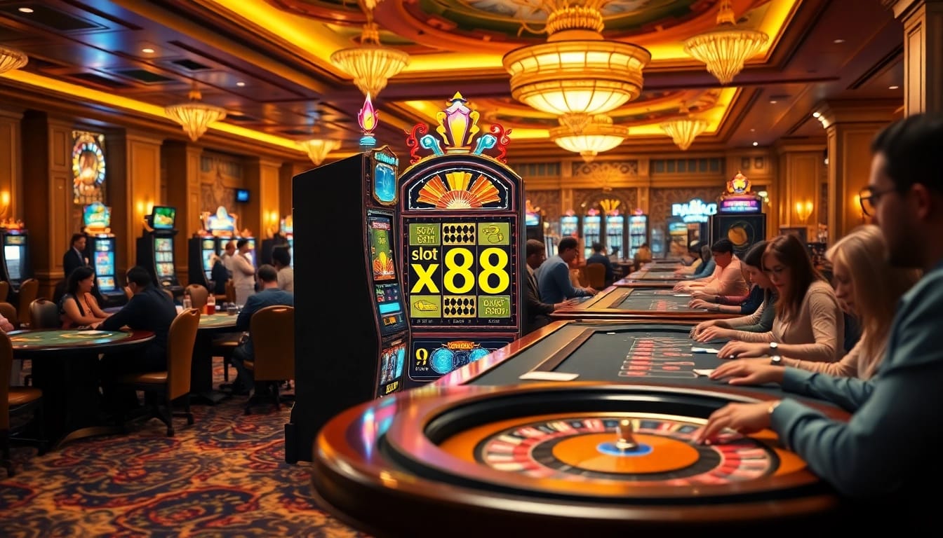 Patrons enjoying the excitement of playing slot x88 in a luxurious casino setting.