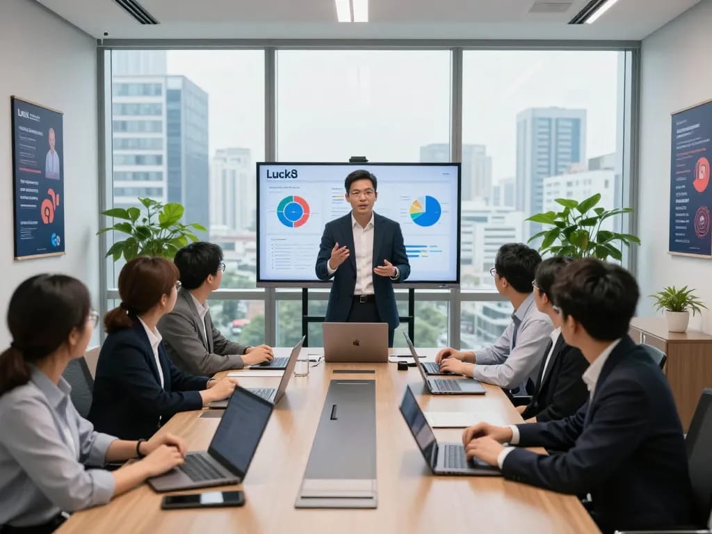 CEO Anh Duy leading a strategic meeting in Luck8's modern office, showcasing innovation and teamwork in the gaming industry.