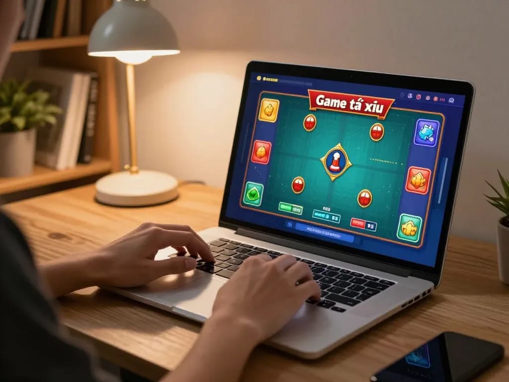 Player enjoying Game tài xỉu online, placing bets on a colorful screen in a cozy home setup.