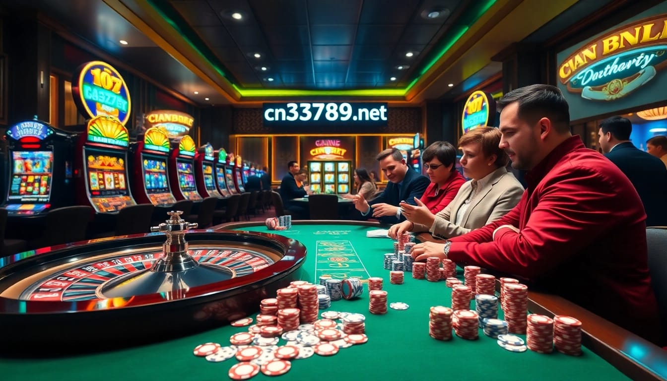 A vibrant casino scene featuring players engaged in gambling at cn3789.net with roulette tables and poker cards.