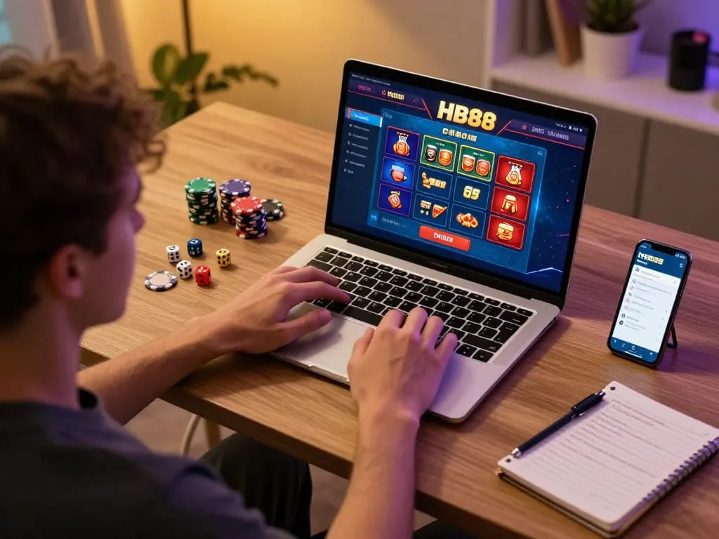 Player engaging with HB88's online casino on a laptop, showcasing a vibrant gaming atmosphere.