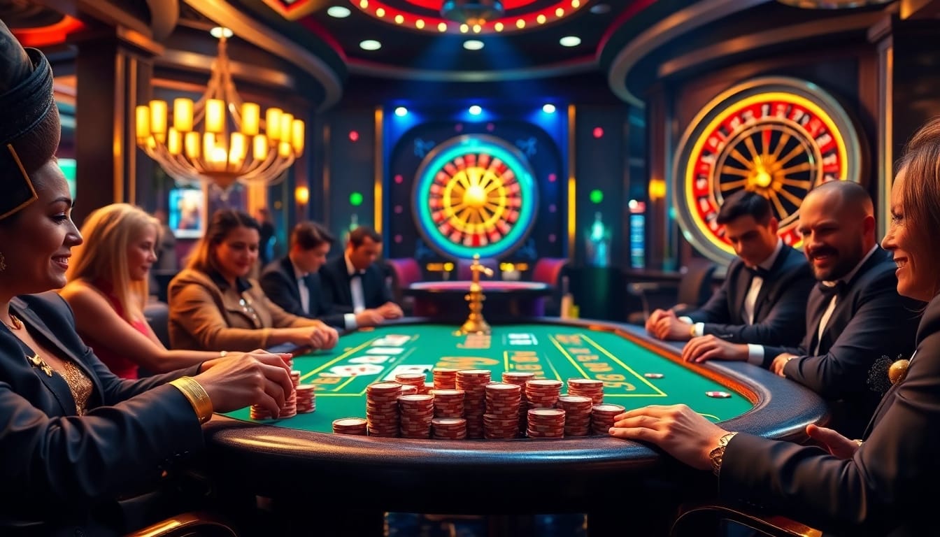 fb88 players engaging in an exciting poker game at a luxurious casino table.
