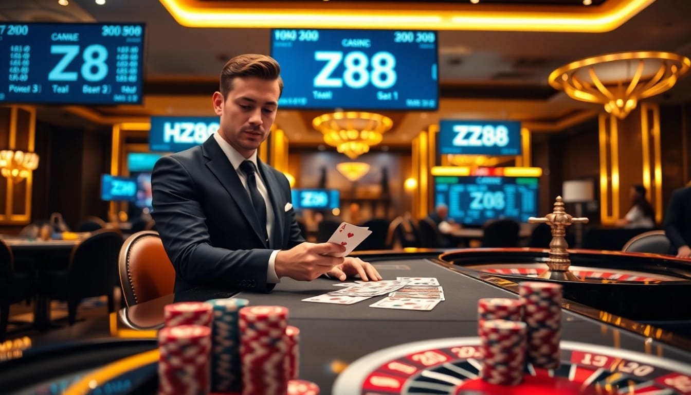 Experience the thrill of betting at https://hz88.gb.net/ with poker chips on a luxury casino table.