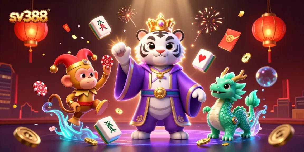 Experience the excitement of sv388 with our 3D cartoon illustration featuring a regal tiger and playful monkey in a lively casino scene.