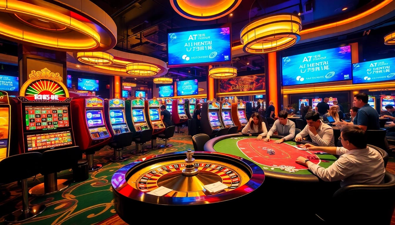 Players engaging in thrilling casino actions, featuring AI Hentai Chat ads promoting virtual interactions amid the vibrant atmosphere.