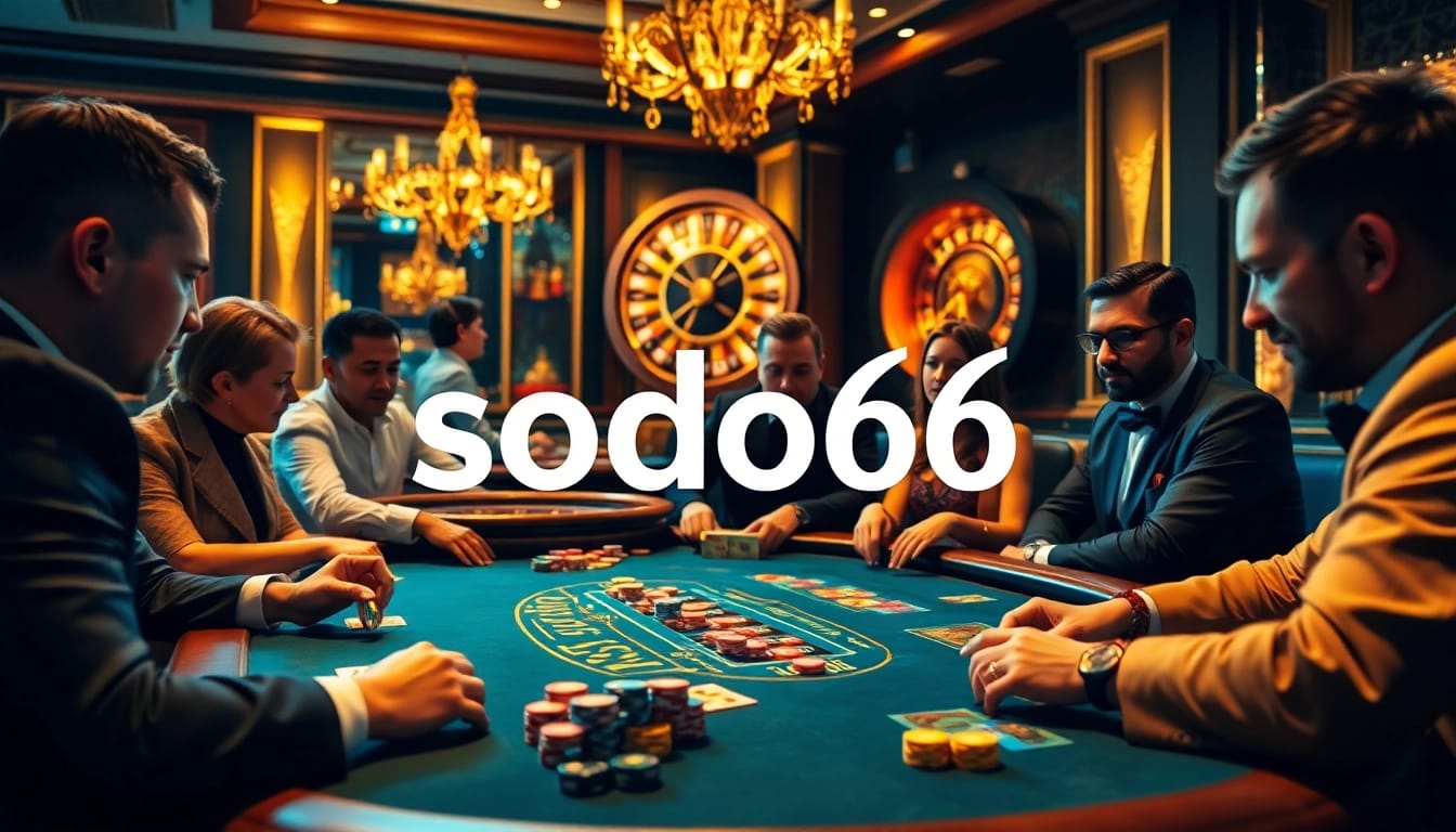 Sodo66 poker players engaged in an exciting casino game, showcasing luxury and vibrant energy.