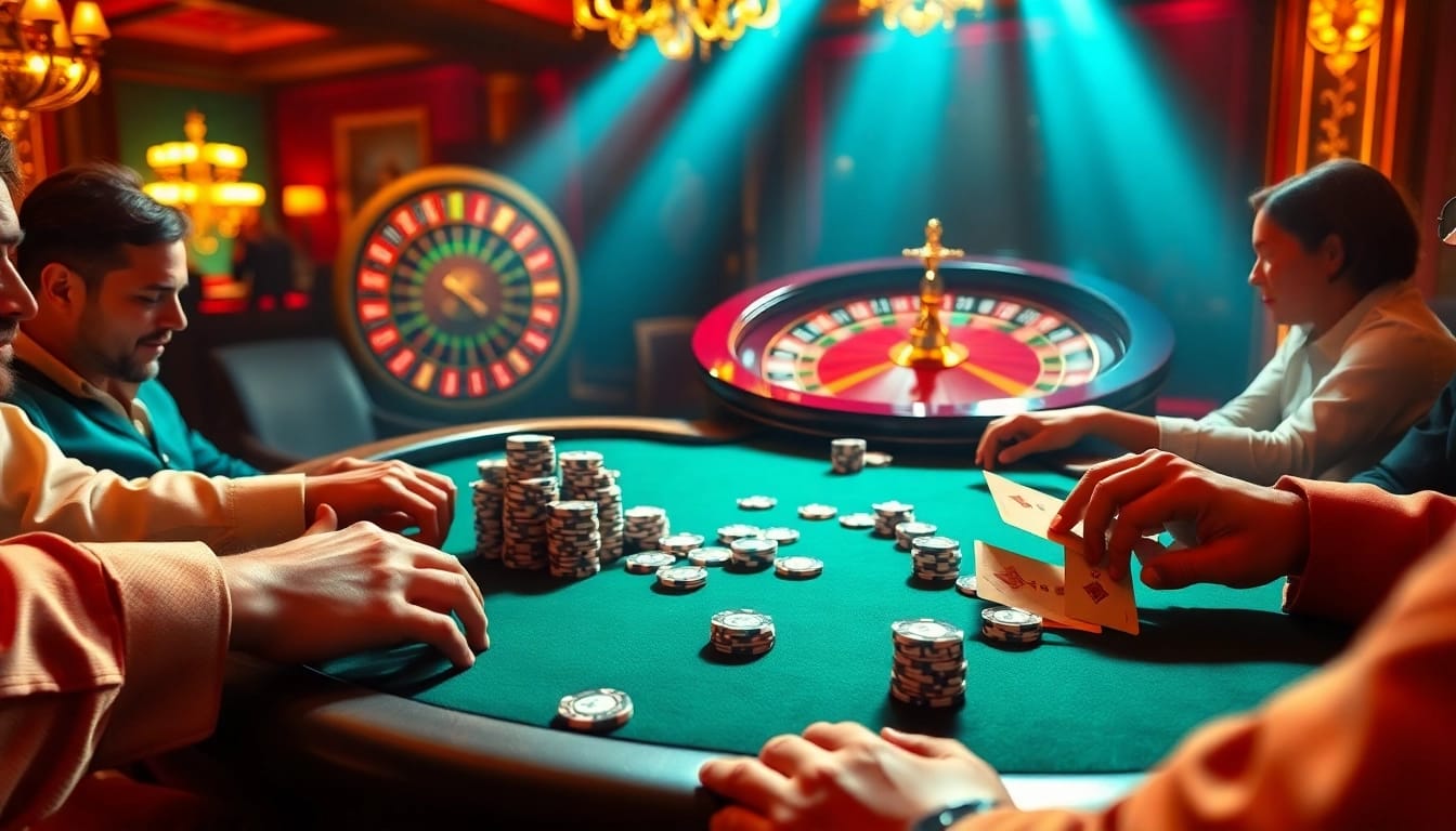 Experience thrilling casino action with link s8 on an elegant poker table amidst a vibrant gambling scene.