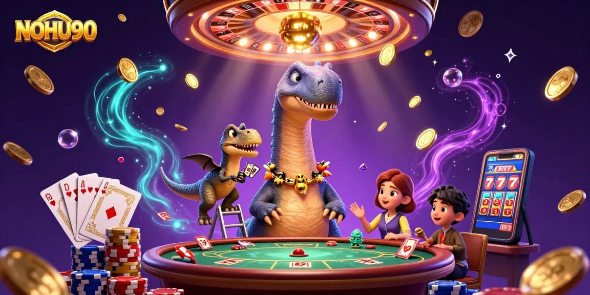 Engage with NOHU90's exciting casino experience featuring a giant brontosaurus dealer and sparkling gems.