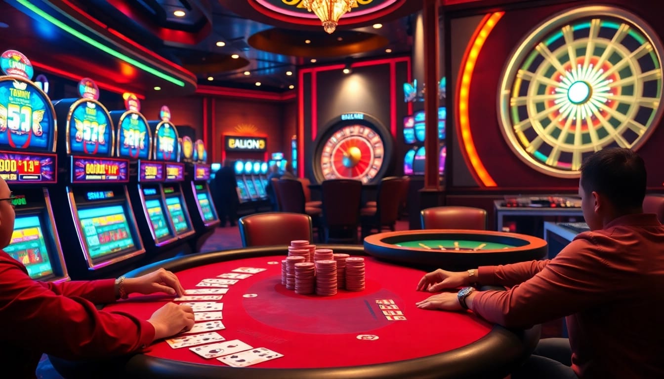 Players engaged at the poker table in the vibrant nhà cái 78win casino, showcasing thrilling betting action.