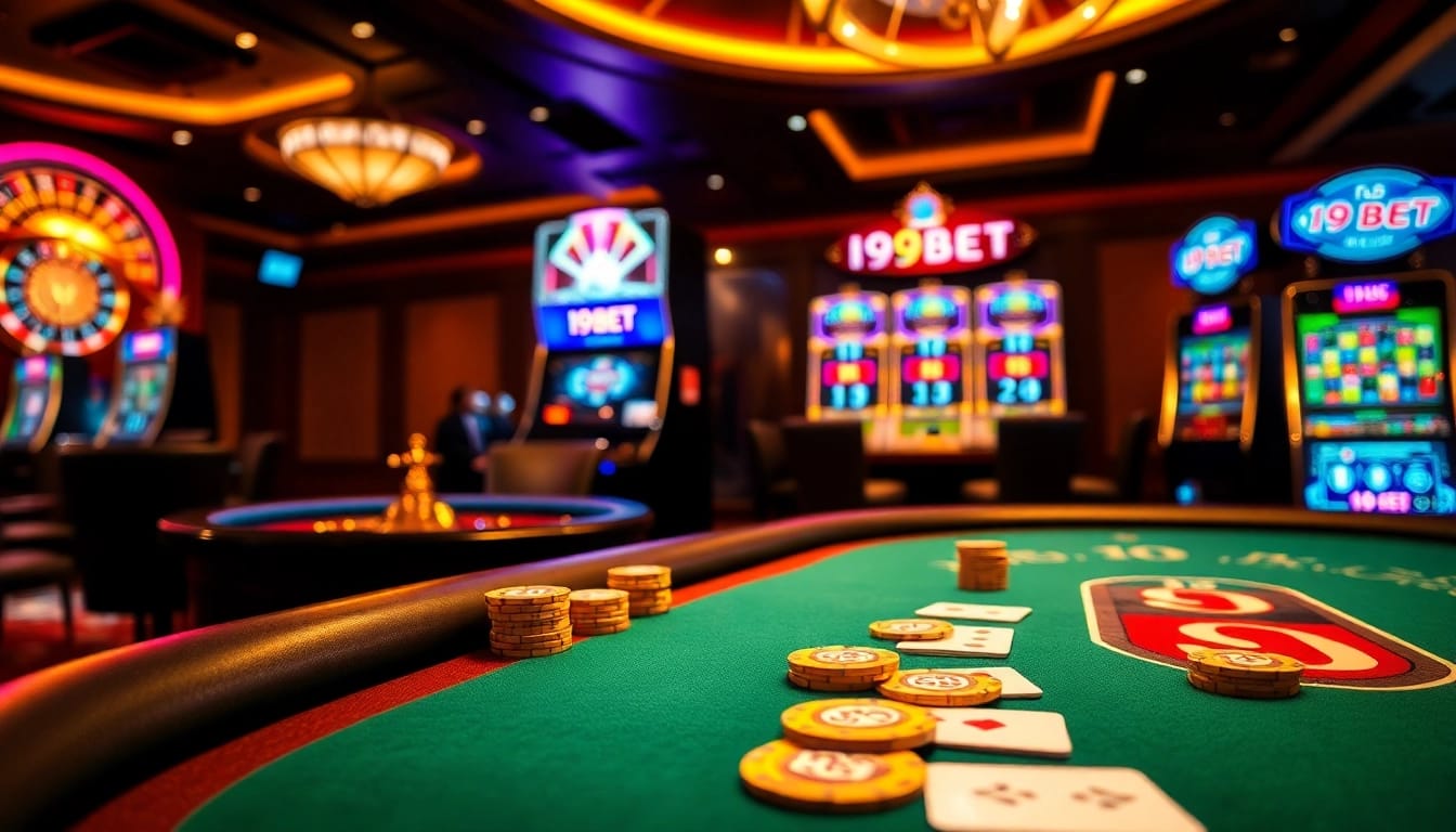 I9BET casino scene with poker table, chips, and roulette wheel showcasing high-stakes excitement.