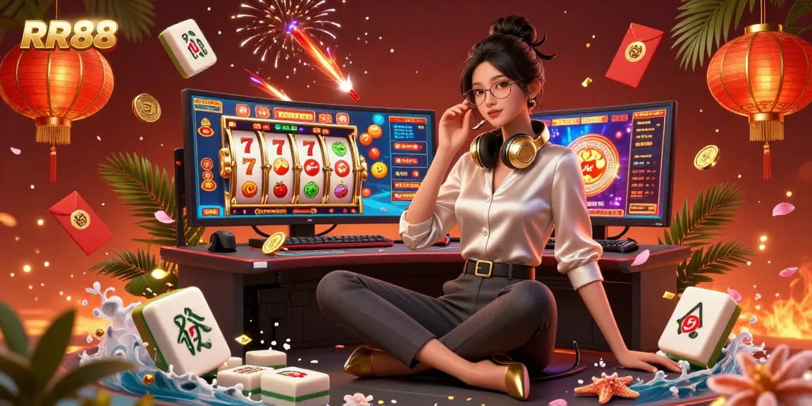 Experience thrilling casino action at RR88 with a digital gambler immersed in vibrant games and symbols.