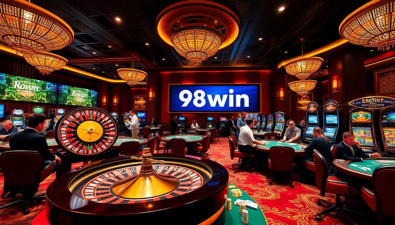 Experience the excitement of gaming at link 98win’s luxury casino with vibrant roulette wheels and poker tables.