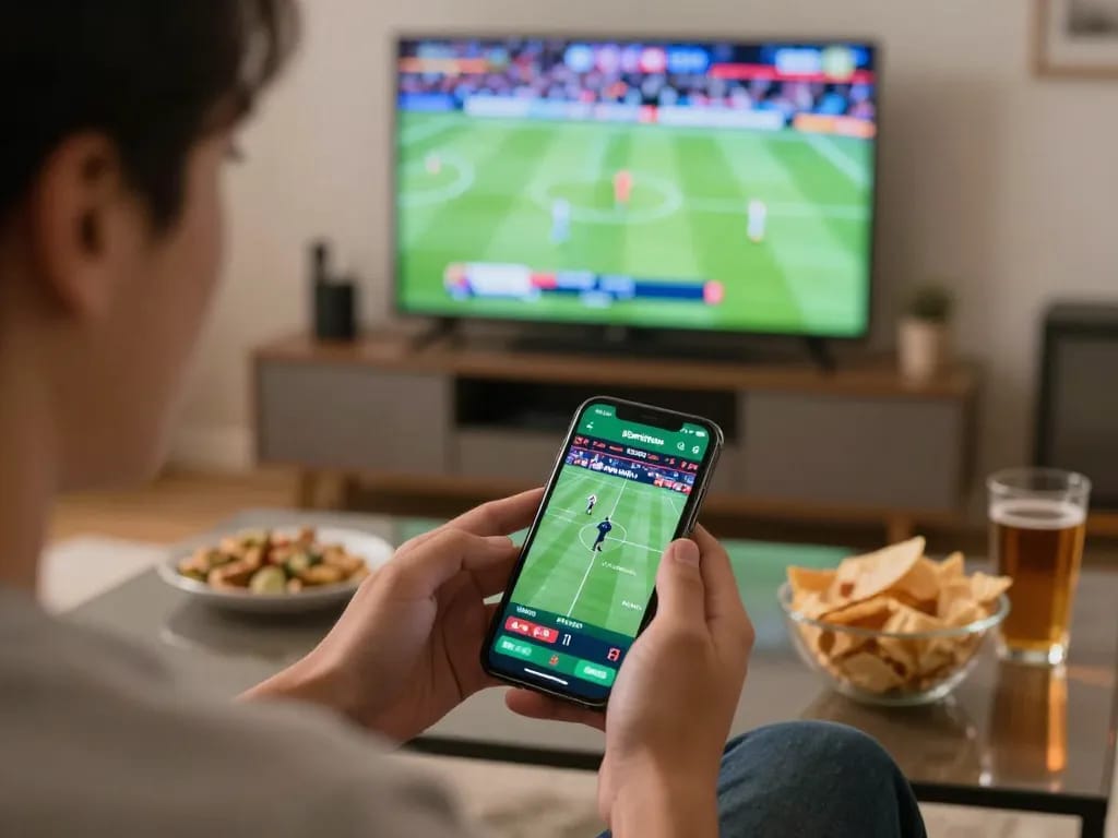 Sports betting excitement with 678vip app on smartphone, live sports event in background