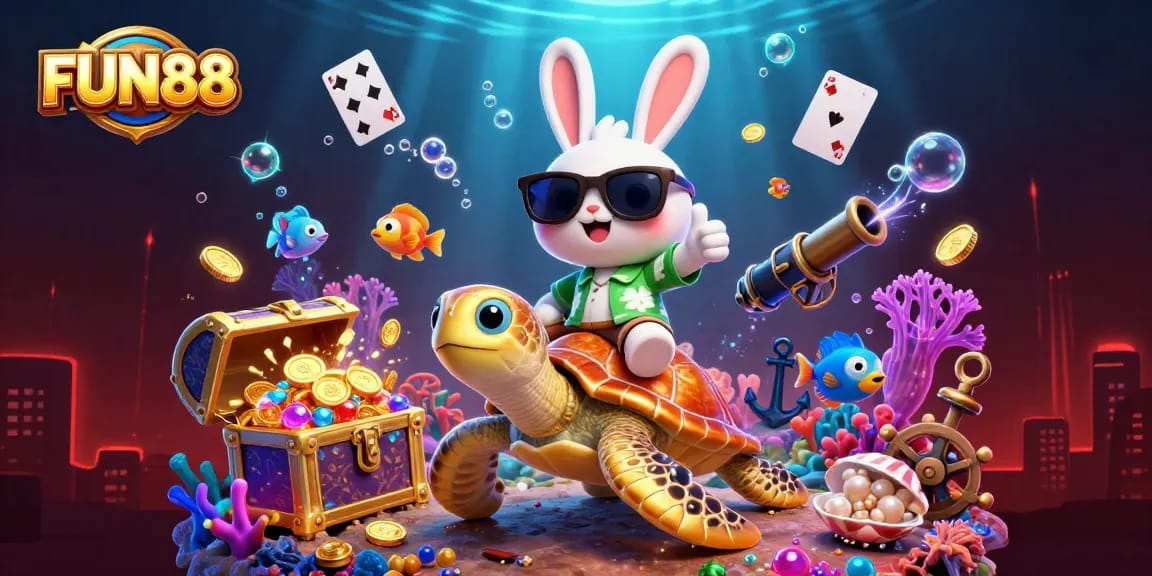 Experience big wins at FUN88 with the charming lucky rabbit and golden turtle in a vibrant gaming scene.