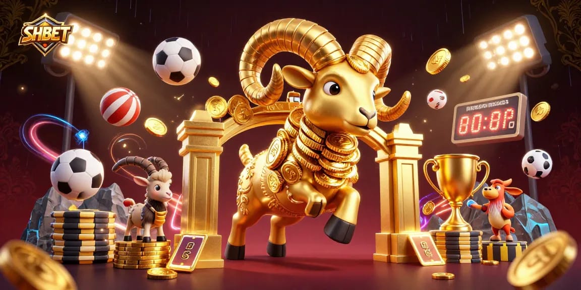 Experience thrilling entertainment at SHBET's dynamic online casino with a golden ram charging through a golden gate.